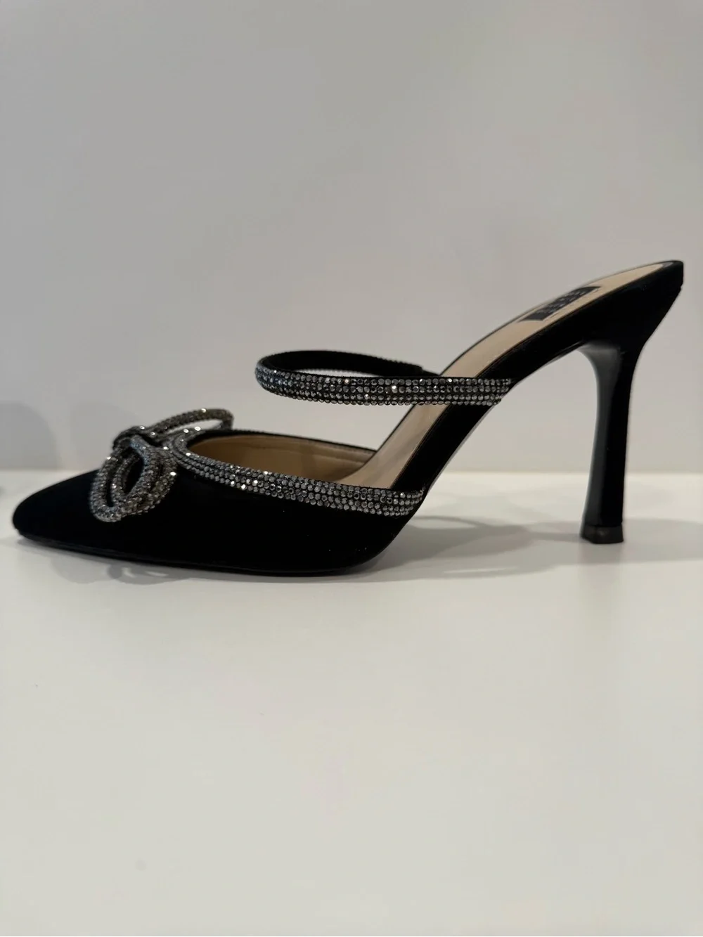 White House Black Market Black Crystal-Trim w/ bow slip in or sling back size 8